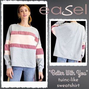 EASEL "Better With You" Striped Preppy Long Sleeve Tunic-Like Slouchy Sweatshirt